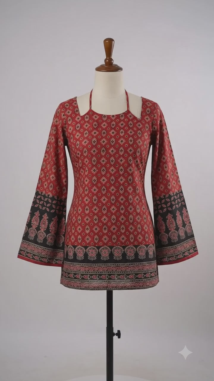 Bell Sleeve Ajrakh Kurti with Corset Detailing