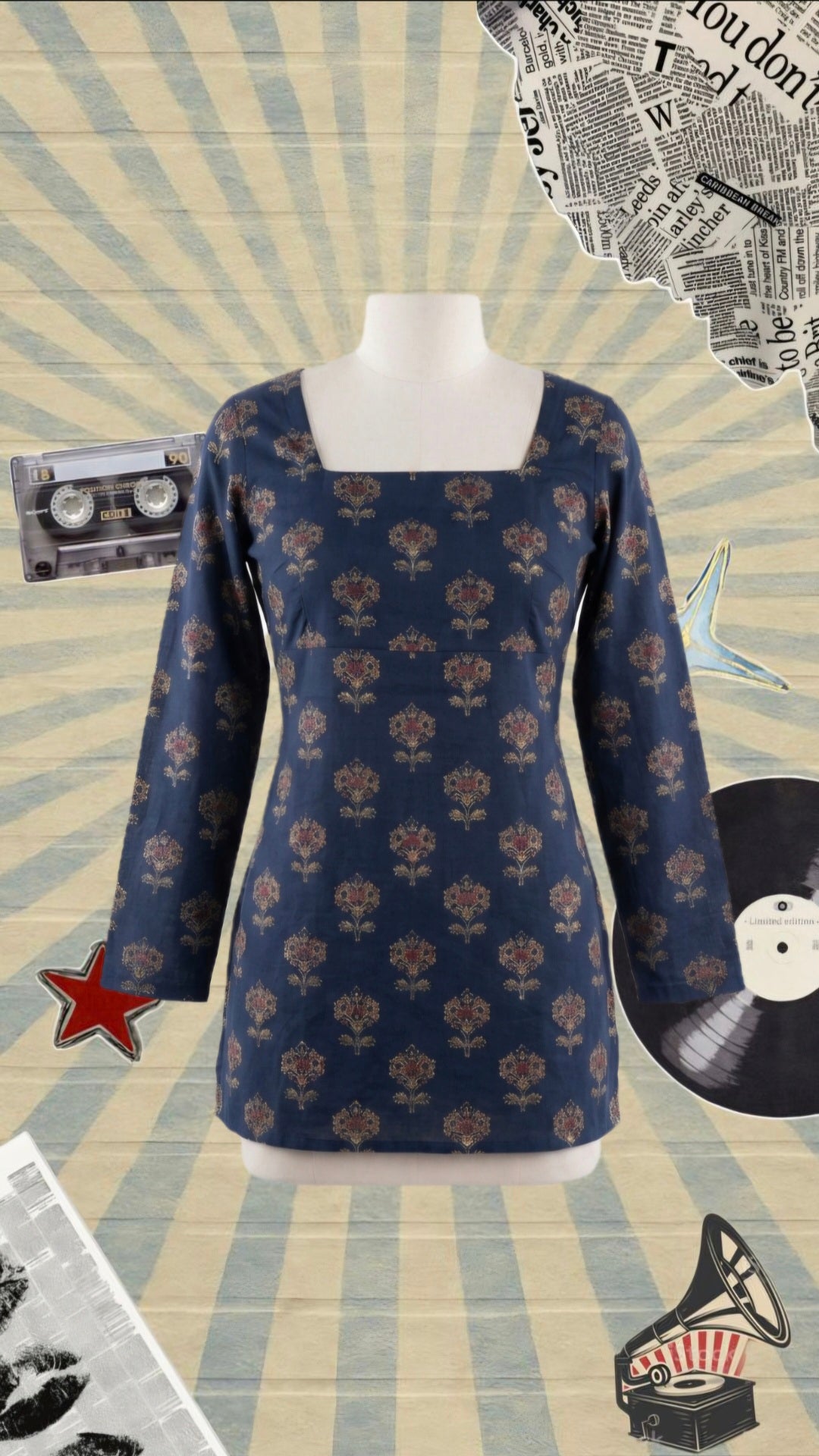 Navy Blue Ethnic Floral Motif Short Kurti