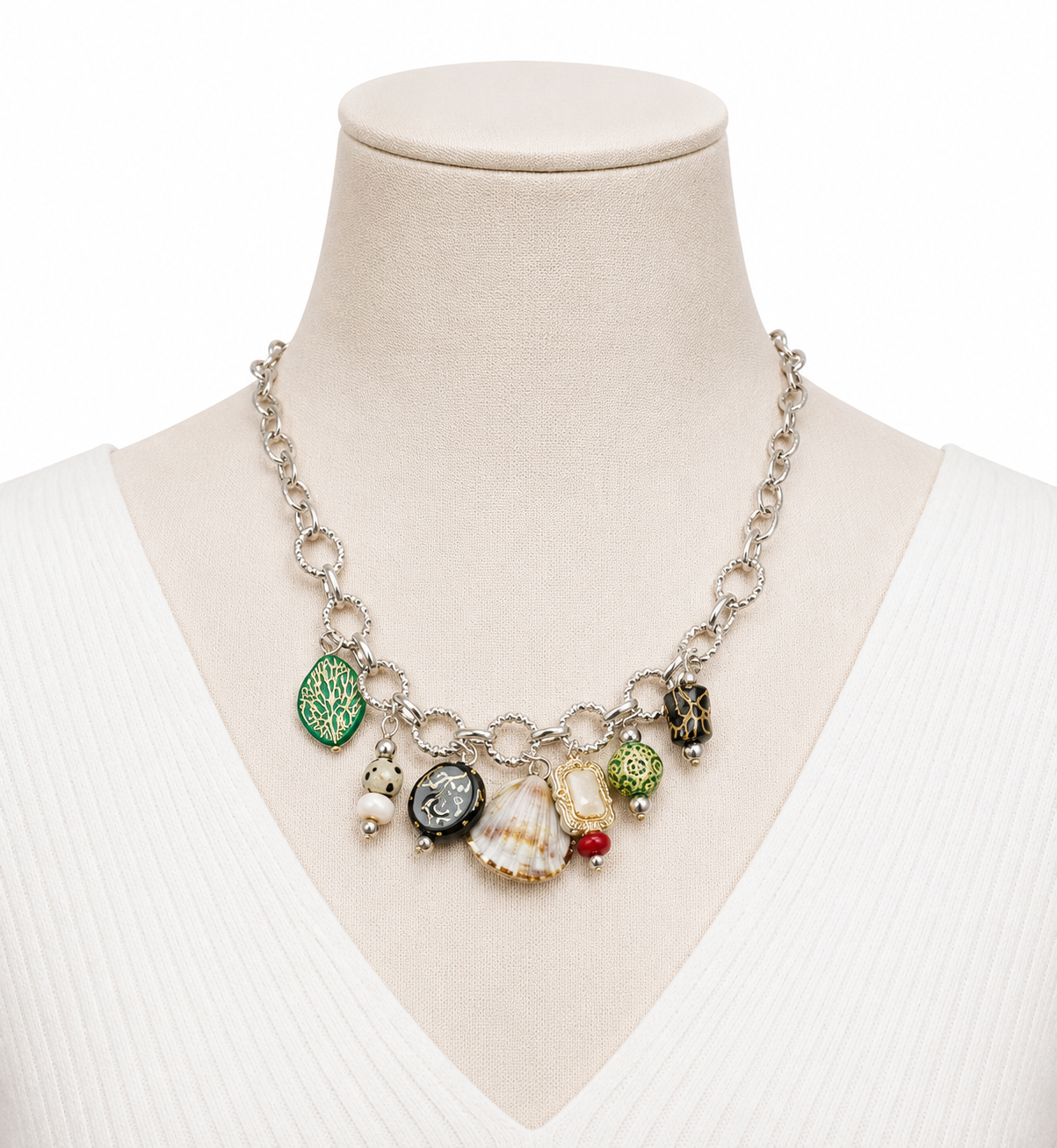 Vintage-Inspired Botanical & Shell Charm Necklace