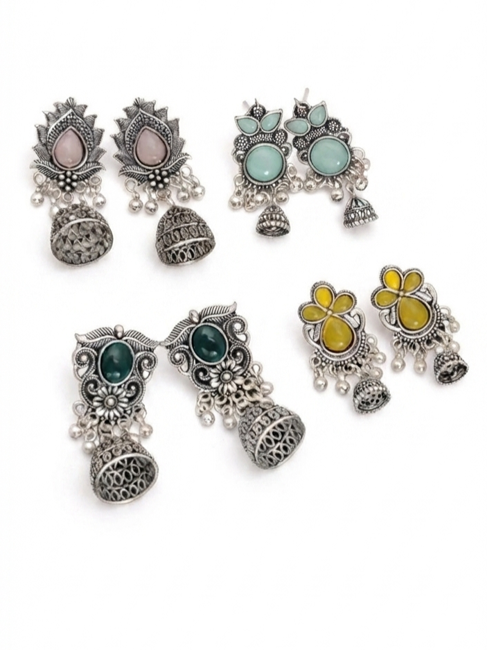 Bohemian Oxidized Silver Jhumka Combo Set with Gemstones (Pack of 4)