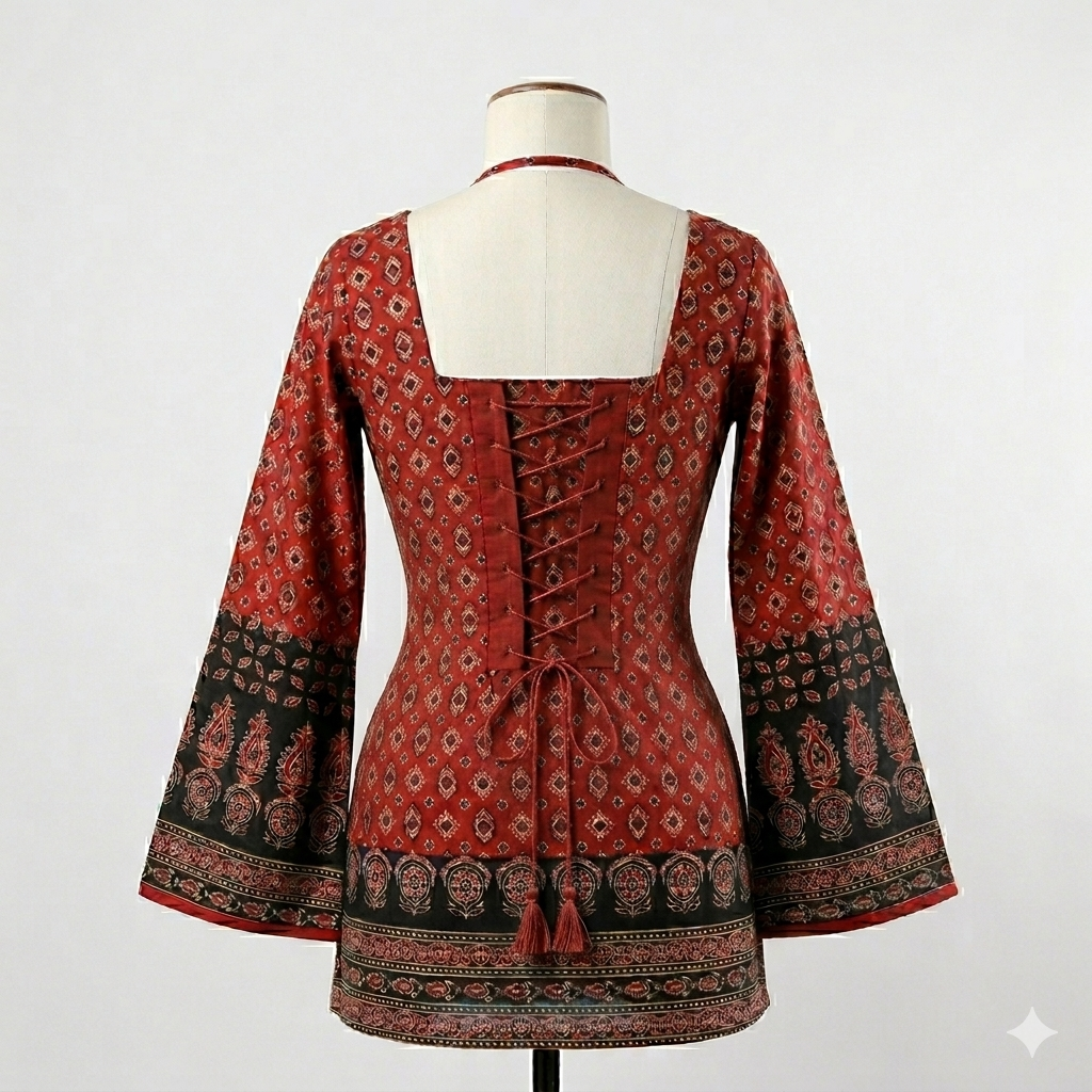 Bell Sleeve Ajrakh Kurti with Corset Detailing