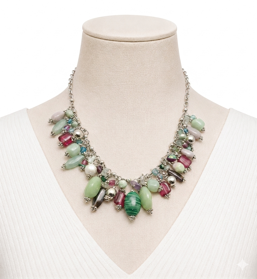 Bohemian Mixed-Stone Cluster Statement Necklace